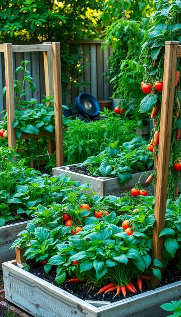 Lush raised garden beds filled with vibrant vegetables, nestled in a cozy backyard. The wooden frames stand tall, their surfaces weathered yet sturdy, contrasting with the verdant foliage. A variety of leafy greens, juicy tomatoes, and crisp carrots thrive in the nutrient-rich soil, their colors popping under the warm, diffused sunlight. The beds are arranged in a pleasing, asymmetrical layout, creating a sense of organic harmony. The scene exudes a tranquil, homely atmosphere, inviting the viewer to imagine the bounty of a bountiful small-space harvest.