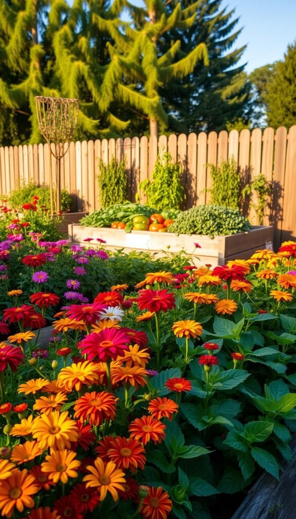 Lush raised garden beds overflowing with vibrant flowers and fresh produce, bathed in warm, golden afternoon light. In the foreground, rows of colorful blooms - marigolds, zinnias, and cosmos - intermingle with leafy vegetable plants. Raised wooden planters in the middle ground showcase a bountiful harvest of tomatoes, peppers, and leafy greens. The background features a rustic wooden fence, with a verdant backdrop of swaying trees and a clear blue sky. The scene exudes a sense of peaceful abundance, showcasing the beauty and practicality of combining flowers and vegetables in a harmonious garden design.