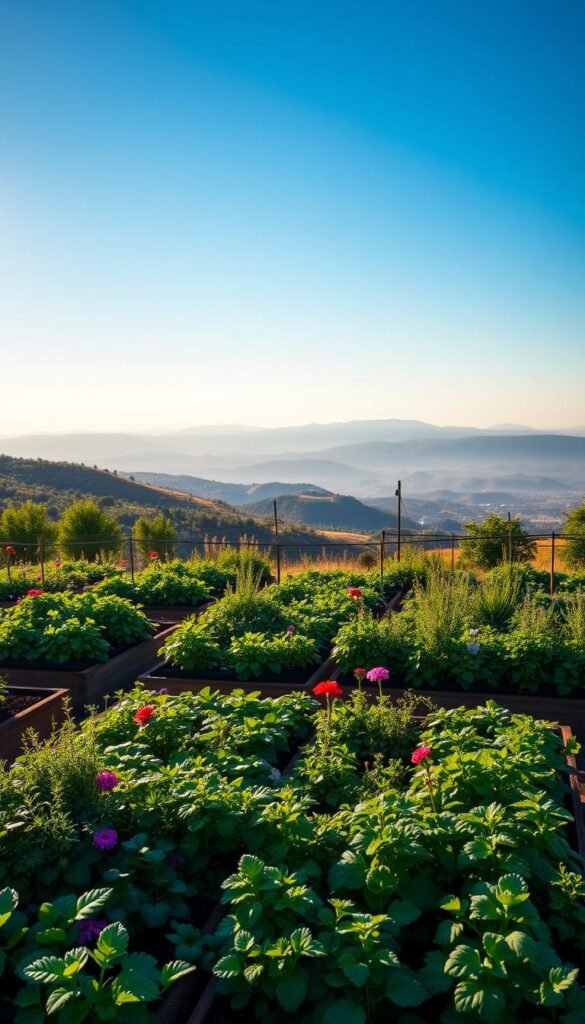 Lush, thriving square foot herb garden set against a backdrop of rolling hills and a vibrant blue sky. In the foreground, neatly organized raised beds filled with an abundance of leafy greens, fragrant herbs, and colorful blooms. Midground showcases a diverse mix of parsley, thyme, oregano, and rosemary, meticulously spaced in a grid formation. The background features a distant, hazy mountain range basking in the warm, golden sunlight. Textures are rich and earthy, with a soft, diffused lighting that creates depth and dimension. The overall scene evokes a sense of tranquility, productivity, and harmony within the organic, natural environment.
