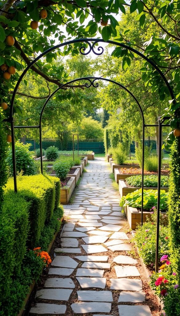 Lush vegetable garden layout with raised beds, winding stone paths, and a diverse array of thriving plants. Warm sunlight filters through the canopy of fruit trees, casting gentle shadows on the well-tended beds below. In the foreground, neatly trimmed hedges frame an ornate wrought-iron arch, inviting exploration. Colorful flowers spill over the edges of the beds, complementing the rich greens of the vegetables. The overall scene conveys a sense of order, productivity, and serene beauty, perfectly suited for an article on creating a functional yet visually appealing garden layout.