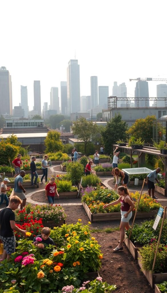 Lush, verdant community gardens flourish in urban landscapes, overflowing with vibrant blooms and thriving produce. In the foreground, a diverse array of people, young and old, tend to their plots, their faces alight with pride and accomplishment. The middle ground reveals neatly organized raised beds, winding pathways, and repurposed materials cleverly incorporated into the design. In the background, towering skyscrapers and industrial structures provide a stark contrast, highlighting the triumph of nature over the confines of the city. Soft, warm lighting casts an inviting glow, creating an atmosphere of community, sustainability, and the power of grassroots action. This scene captures the spirit of guerrilla gardening, where determined individuals transform neglected spaces into oases of life and beauty.
