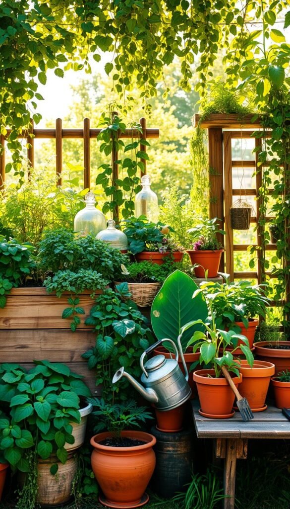 Lush, verdant container garden against a bright, sun-dappled backdrop. Raised wooden planters overflowing with thriving vegetables, herbs, and trailing vines. Glass cloches and rustic wooden trellises add visual interest. Terracotta pots in various sizes and shapes, some with cascading foliage. Galvanized metal watering cans, garden tools, and a weathered wooden bench complete the scene. Warm, golden light filters through the greenery, casting soft shadows. The overall mood is one of abundance, creativity, and a harmonious blend of nature and human ingenuity.