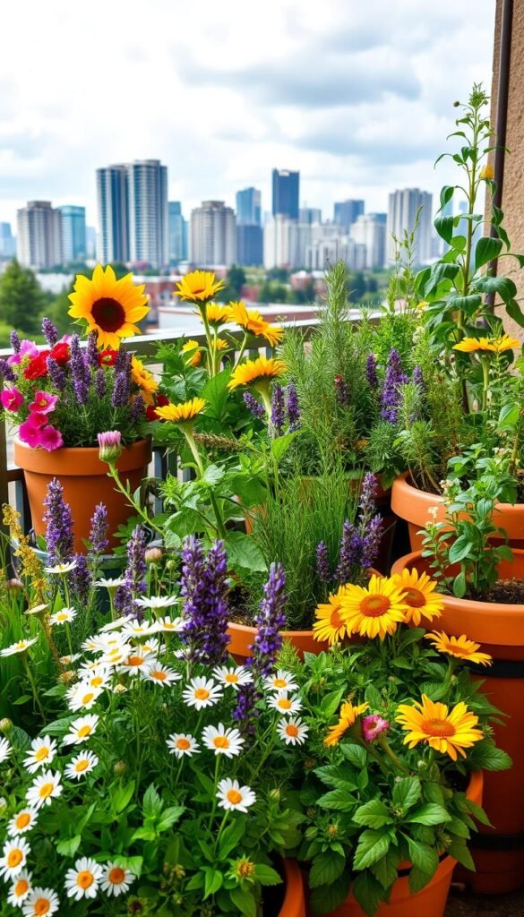 Lush, verdant container garden teeming with vibrant blooms and lush greenery, arranged in a visually appealing composition. In the foreground, a diverse array of pollinator-friendly flowers - delicate daisies, fragrant lavender, and cheerful sunflowers - interspersed with fragrant herbs like rosemary and thyme. The middle ground features a mix of terracotta pots and wooden planters, strategically placed to create a sense of depth and balance. In the background, a cityscape skyline with modern high-rises gently fades into the distance, providing a striking contrast to the natural, bucolic scene. Soft, warm lighting illuminates the scene, accentuating the colors and textures of the lush, thriving plants. Composed with a wide-angle lens to capture the full scope of the balcony garden oasis.