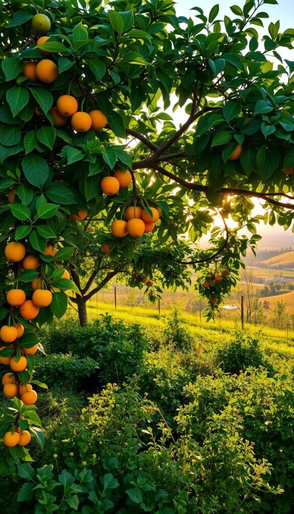 Lush, verdant fruit trees create a captivating microclimate, their intertwining branches casting dappled shadows across a flourishing garden. In the foreground, a bountiful array of ripe, vibrant fruits hang temptingly, inviting a closer look. The middle ground features a diverse understory of thriving herbs and leafy greens, basking in the filtered light. Beyond, the background depicts a serene, pastoral scene, with rolling hills and a distant horizon bathed in warm, golden sunlight. The overall atmosphere is one of harmony, abundance, and the synergistic relationship between plants in a carefully curated mini-farm ecosystem.