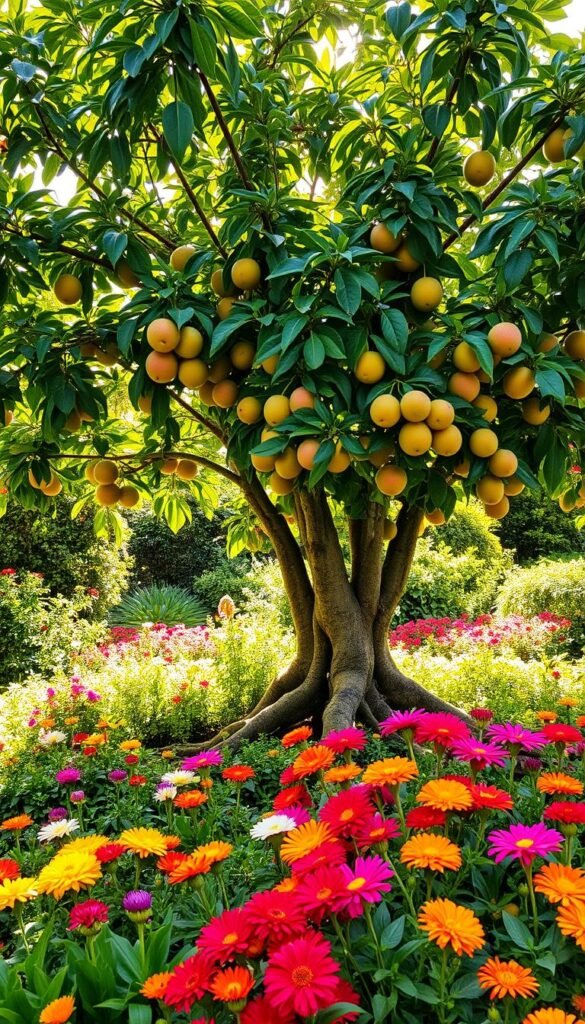 Lush, verdant garden with a focal point of a mature fruit tree, its branches heavy with ripe produce. The tree is nestled among vibrant flower beds, its roots seamlessly integrated into the surrounding plantings. Dappled sunlight filters through the canopy, casting a warm, inviting glow. In the foreground, an array of colorful blooms in complementary hues add texture and depth. The overall scene conveys a sense of harmony and balance, where the edible and ornamental elements coexist in a visually appealing and naturalistic composition.