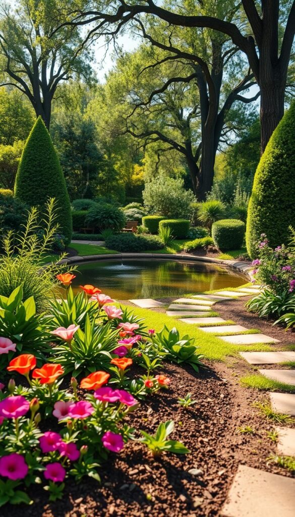 Lush, verdant landscape with a carefully designed drip irrigation system. The foreground features a well-manicured garden bed with vibrant flowers and foliage, their roots nourished by a network of discreet drip lines. In the middle ground, a meandering path leads the eye towards a tranquil pond, its surface gently rippling from the timed release of water. Towering trees and shrubs form the background, their branches and leaves casting soft, dappled shadows across the scene. The lighting is warm and natural, suggesting a sun-drenched afternoon. The overall atmosphere conveys a sense of harmony and efficiency, where form and function seamlessly intertwine.