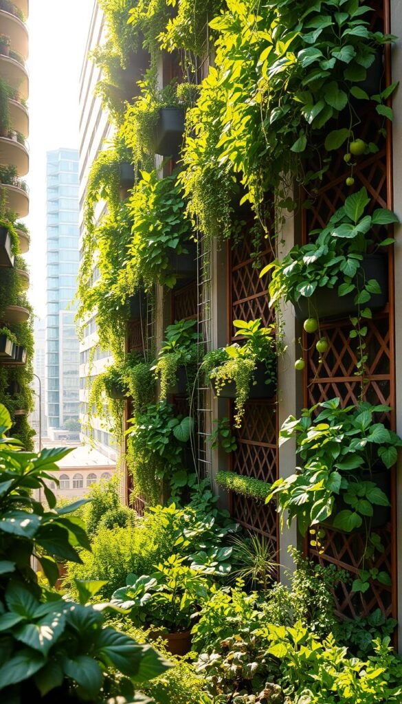 Lush vertical garden systems in an urban setting, with tiered planters cascading down the sides of a modern high-rise building. Sunlight filters through the verdant foliage, casting a warm glow over the scene. Intricate lattices and trellises support a diverse array of leafy vegetables, herbs, and trailing vines. The foreground showcases a variety of container-grown plants, while the middle ground features larger, wall-mounted planter boxes. In the background, the cityscape recedes, hinting at the integration of nature within the built environment. The overall composition conveys a sense of harmony and sustainability, highlighting the potential for vertical gardening to thrive in constrained urban spaces.