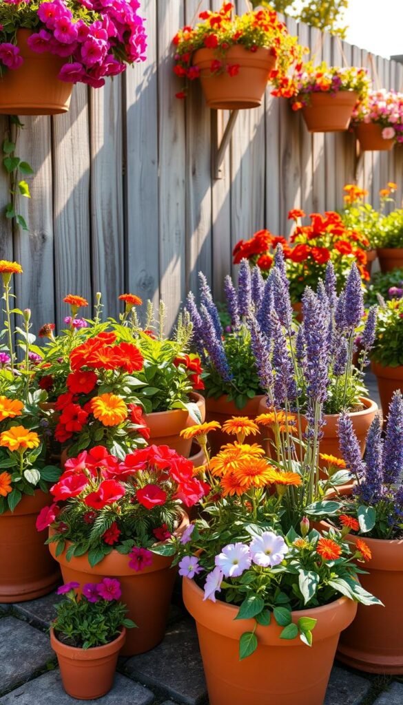 Lush, vibrant container garden on a sunny summer day. Foreground features an assortment of thriving potted annuals and perennials - cascading petunias, bright marigolds, fragrant lavender, and trailing vines. Midground showcases carefully arranged terracotta pots in varying sizes and shapes. Background has a weathered wooden fence, dotted with hanging baskets bursting with colorful blooms. Warm, golden sunlight casts gentle shadows, creating a serene, inviting atmosphere. Composition is balanced, emphasizing the natural beauty and easy maintenance of this charming container garden setting.