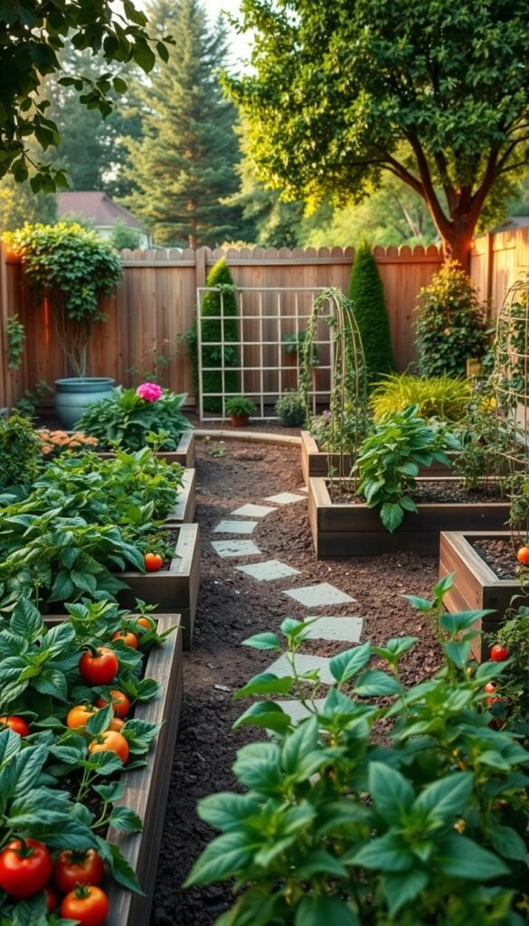 Lush, vibrant vegetable garden layout plan with raised garden beds, winding pathways, and a central seating area. Warm, soft lighting illuminates the scene, creating a cozy, inviting atmosphere. The foreground features an array of thriving vegetable plants, including leafy greens, tomatoes, and vibrant bell peppers. The middle ground showcases a delicate trellis system supporting climbing vines, while the background features a picturesque wooden fence and a few towering shade trees. The overall composition is balanced, with a harmonious blend of colors, textures, and shapes that evoke a sense of peace and tranquility.