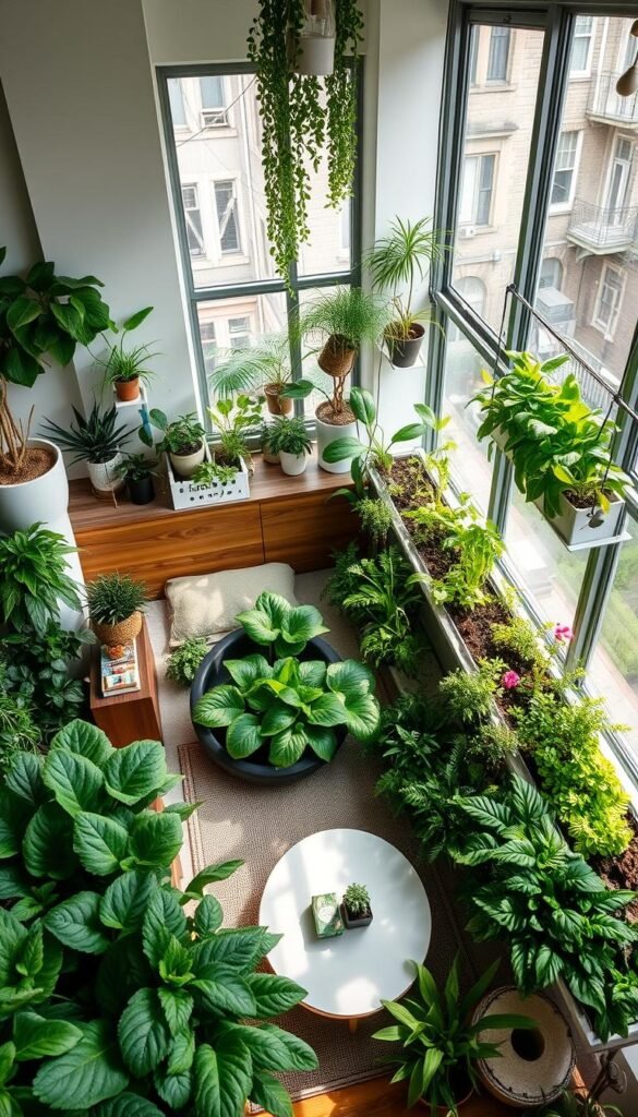 Meticulously designed indoor garden layout, optimized for small apartment living. A lush, verdant oasis fills the frame, verdant plants thriving under warm, natural lighting pouring in from large windows. Carefully curated arrangement of elevated hydroponic garden beds, with a mix of leafy greens, herbs, and colorful flowers. Sleek, minimalist furniture and decor complements the organic textures, creating a harmonious, serene atmosphere. High-angle perspective showcases the efficient, space-saving layout, highlighting the potential for urban dwellers to cultivate a productive, self-sustaining indoor garden.