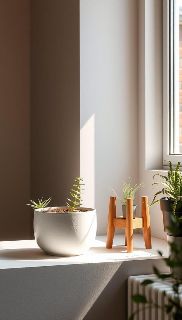 Minimalist indoor garden essentials: a sleek ceramic planter with a thriving succulent, a simple wooden plant stand, and a ray of warm natural light streaming through a large window, casting a soft glow on the serene scene. The composition emphasizes clean lines, muted tones, and a harmonious balance between the natural and the manmade, creating a tranquil, modern ambiance perfect for the "Modern Indoor Garden Design: Minimalist Aesthetics and Greenery Combined" section.
