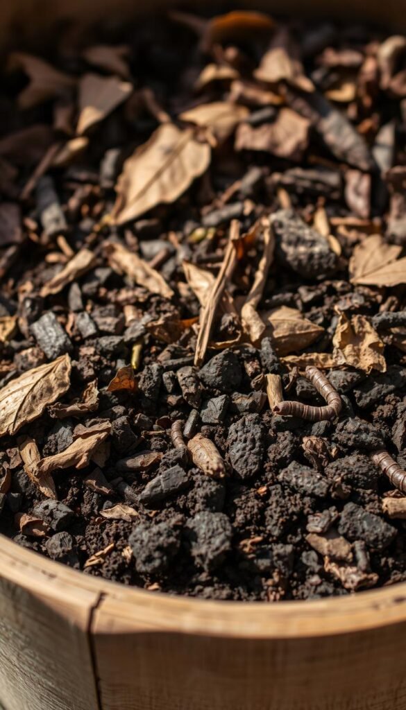 Organic compost and worm castings, a rich and nutrient-dense blend, nestled in a wooden planter. The earthy tones of the decomposing matter create a warm, natural atmosphere. Intricate textures of decaying leaves, shredded bark, and the dark, crumbly castings of industrious worms are captured in vivid detail. Soft, natural lighting illuminates the scene, casting gentle shadows that accentuate the depth and layers of the organic material. The composition is balanced, with the planter occupying the foreground, allowing the viewer to fully appreciate the wealth of nutrients that will nourish thriving container-grown vegetables.