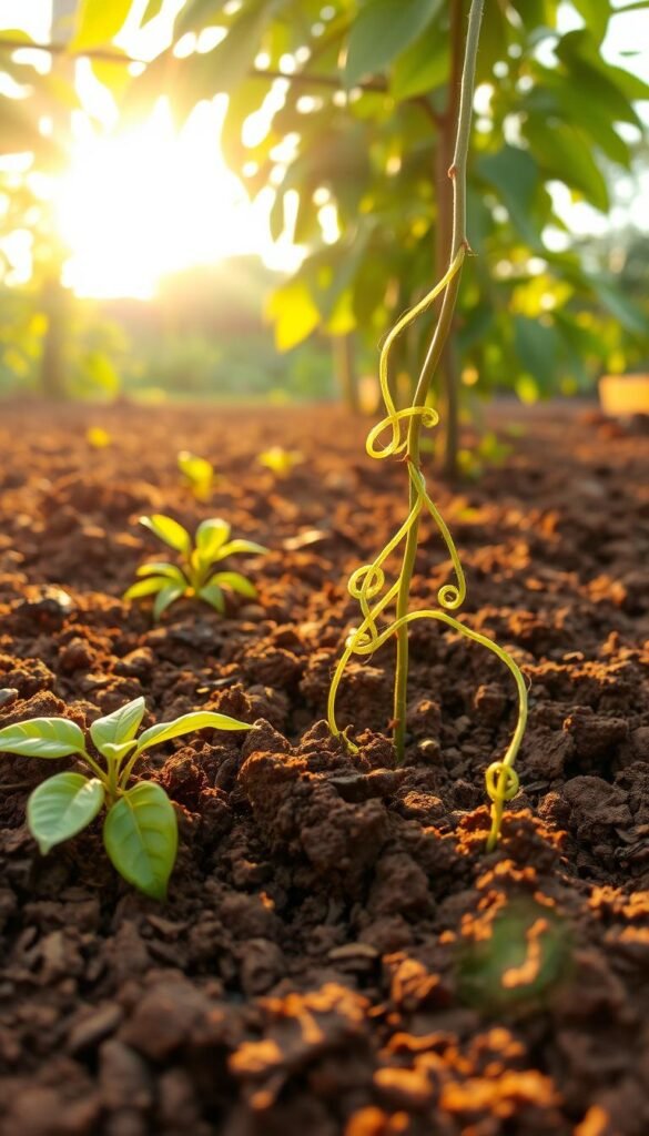 Passionfruit soil preparation: A lush, well-tilled garden bed bathed in warm, golden light. Rich, dark soil is meticulously turned and aerated, revealing its nutrient-dense texture. Mounds of compost and organic matter are carefully incorporated, creating the ideal planting medium for vibrant passionfruit vines. Delicate passionfruit tendrils twist and twine, anticipating their future climb up a sturdy trellis. The scene exudes a sense of anticipation and promise, setting the stage for a bountiful passionfruit harvest.