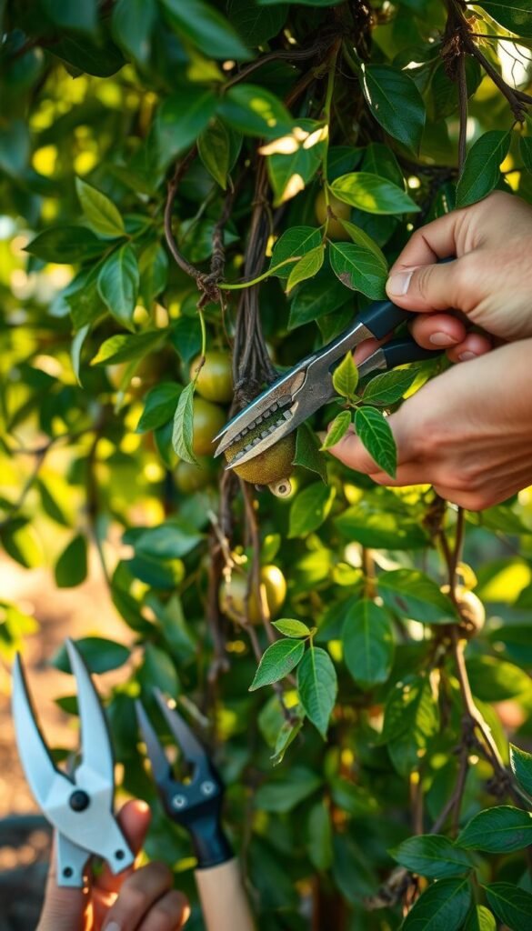 Passionfruit vine pruning, close-up view of hands carefully trimming lush green foliage, a tangle of vines and leaves, late afternoon sunlight filtering through, warm tones, shallow depth of field, detailed textures, gardening tools in the foreground, a sense of diligent care and attention to the plant's health and vigor.