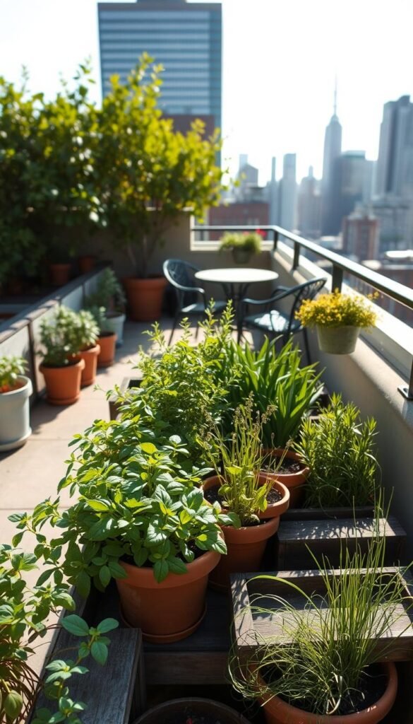 Prompt A cozy urban rooftop, sun-dappled with soft, natural light filtering through lush greenery. In the foreground, a well-organized window box garden flourishes, featuring an array of thriving herbs - fragrant basil, hearty rosemary, vibrant chives, and more. Terracotta pots and rustic wooden planters are thoughtfully arranged, creating a visually appealing and functional setup. In the middle ground, a small bistro table and chairs invite relaxation, while the background showcases the city skyline, providing a striking contrast to the intimate, tranquil scene. The overall atmosphere evokes a sense of peaceful escape, where the pleasures of urban living harmonize with the joy of cultivating a personal herb garden.