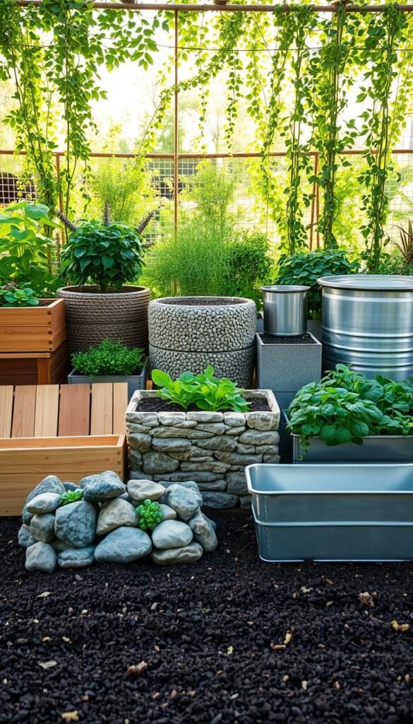 Raised bed material comparison: An artfully arranged display of various raised garden bed materials in a lush, naturalistic setting. In the foreground, a collection of wooden planks, stacked stones, and galvanized steel troughs sit atop a layer of rich, dark soil. The middle ground showcases textured concrete blocks and sleek metal containers, their surfaces reflecting the warm, diffused sunlight. In the background, a verdant backdrop of thriving vegetables and trailing vines frames the scene, creating a harmonious blend of functionality and aesthetic appeal. The overall composition conveys a sense of rustic elegance and invites the viewer to imagine the practical and stylistic possibilities for their own front yard vegetable garden.