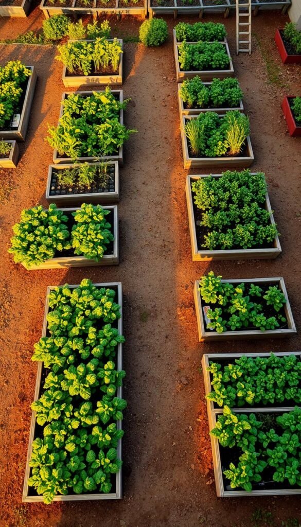 Raised bed vegetable garden layout, viewed from an elevated perspective. Rectangular beds arranged in a well-organized grid pattern, with neat pathways between them. Lush, verdant plants filling the beds, a diverse mix of vegetables and herbs. Warm, golden afternoon sunlight casts soft shadows, creating a sense of depth and dimension. The beds are constructed with weathered, natural wood, blending seamlessly with the surrounding landscape. The layout is practical yet visually appealing, optimizing space for maximum productivity. An inviting, serene scene that captures the essence of thoughtful, sustainable vegetable gardening.