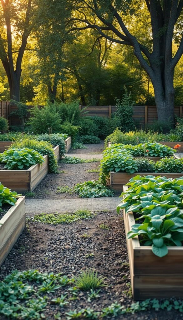 Raised beds, neatly arranged, showcasing accessible gardening. Gently sloping pathways, wide enough for wheelchair navigation. Lush, verdant foliage cascading from the beds, a vibrant tapestry. Warm, diffused sunlight filters through a canopy of trees, creating a serene, welcoming atmosphere. Subtle textures of wood, soil, and plants harmonize, inviting the viewer to envision the joys of tending to this bountiful, accessible garden. Detailed attention to design ensures this space is inclusive, empowering all to cultivate their green thumbs. A sanctuary of productivity and mindfulness, where accessibility and aesthetics seamlessly intertwine.