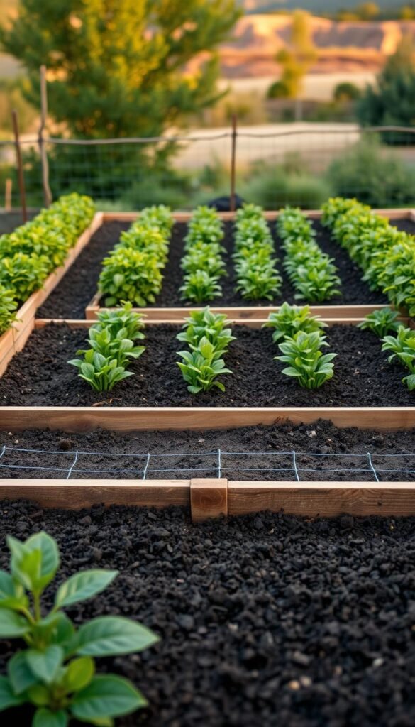 Raised garden bed dimensions in a square foot gardening layout. Foreground shows the well-defined raised bed frame filled with rich, dark soil. Middle ground features precisely spaced square foot partitions, each section brimming with vibrant, lush greenery. Background subtly fades to a natural landscape, with a warm, golden afternoon light casting soft shadows. The composition conveys a sense of order, efficiency, and the fruitful rewards of careful planning in a square foot garden. Camera angle is slightly elevated, capturing the full dimensions and layout of the raised bed in a crisp, photographic style.