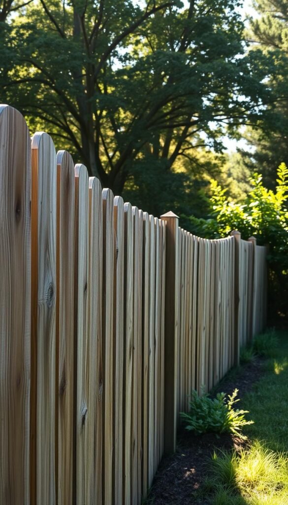 Rustic wooden fence in a lush backyard setting, sun-dappled and weathered, with a charming, hand-crafted aesthetic. Prominent horizontal planks of varying widths and tones, with occasional knots and imperfections, create a classic farmhouse style. The fence meanders through a verdant backdrop of mature trees and shrubs, casting gentle shadows across the scene. Warm, golden lighting filters through the foliage, bathing the wood in a soft, natural glow. The overall composition emphasizes the timeless beauty and functionality of this enduring fencing option, perfectly suited for a bountiful vegetable garden.