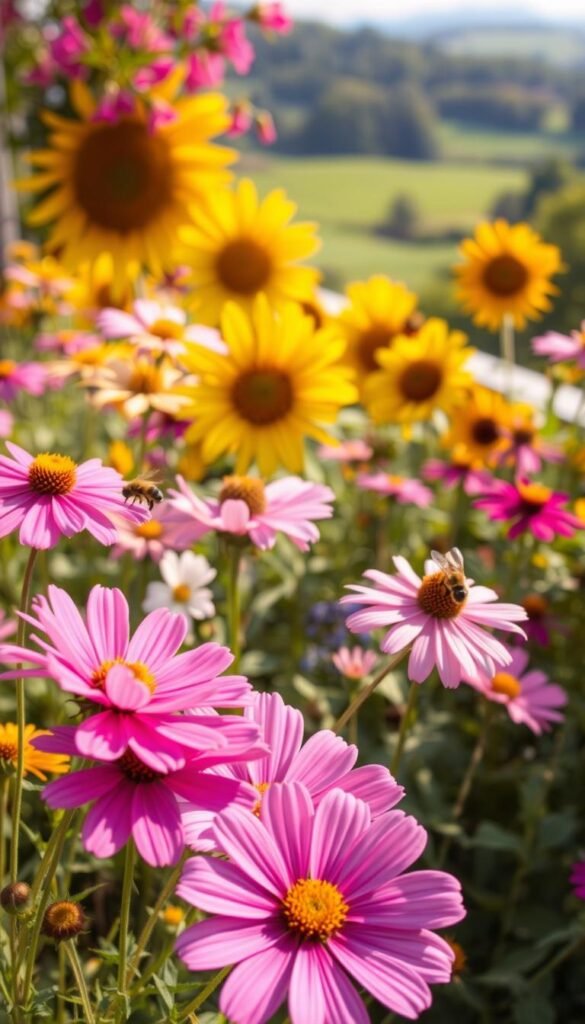 Seasonal blooms bursting with vibrant hues, a lush garden teeming with nectar-rich flowers. In the foreground, delicate petals of pink and purple cosmos dance in the gentle breeze, beckoning bees to feast. Amidst the colorful mid-ground, cheerful sunflowers stretch towards the sun, their golden faces a beacon for pollinating insects. The background blurs into a soft, dreamy landscape, hinting at a verdant oasis teeming with life. Diffused natural lighting casts a warm, golden glow, creating an inviting atmosphere that celebrates the harmonious relationship between blooms and bees. A serene, enchanting scene that embodies the beauty and importance of a bee-friendly balcony.