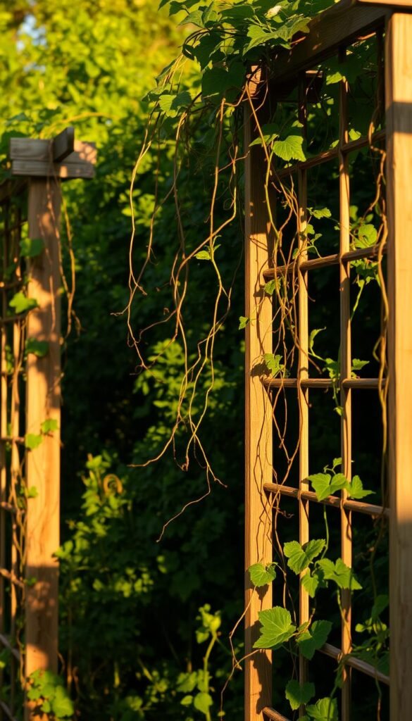 Trellis structures with lush, climbing vines, bathed in warm, golden afternoon light. Delicate tendrils reach upwards, intertwining gracefully against a backdrop of verdant foliage. The structures cast intricate, dappled shadows, adding depth and visual interest. A sense of tranquility and natural harmony pervades the scene, inviting the viewer to imagine the gentle rustling of leaves and the sweet scent of blooming flowers. The overall composition conveys a feeling of organic growth and integration, reflecting the beauty and functionality of integrating trellises into a picturesque vegetable garden.