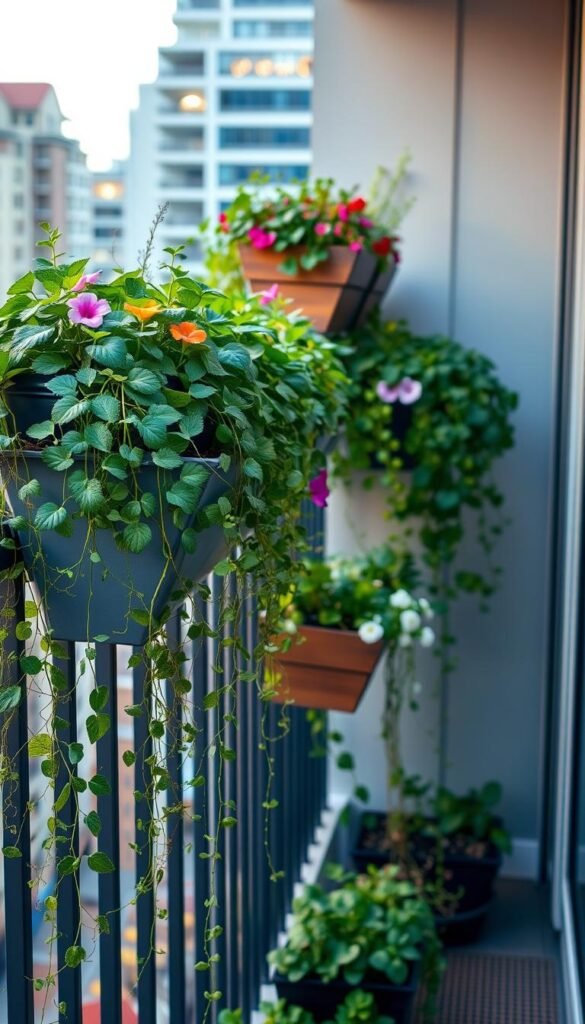 Vertical balcony garden planters, lush and thriving, adorning a modern urban balcony. Cascading greenery spills from sleek metal or wooden planters mounted along the railing, creating a verdant oasis. Trailing vines, vibrant flowers, and neatly arranged herbs line the balcony edge, bathed in soft, warm lighting that casts a cozy glow. The planters are arranged in a visually pleasing, symmetrical layout, maximizing the vertical space and transforming the small balcony into a serene, nature-infused retreat. The scene is captured from a slightly elevated angle, showcasing the planters in all their glory against a backdrop of cityscape or sky.