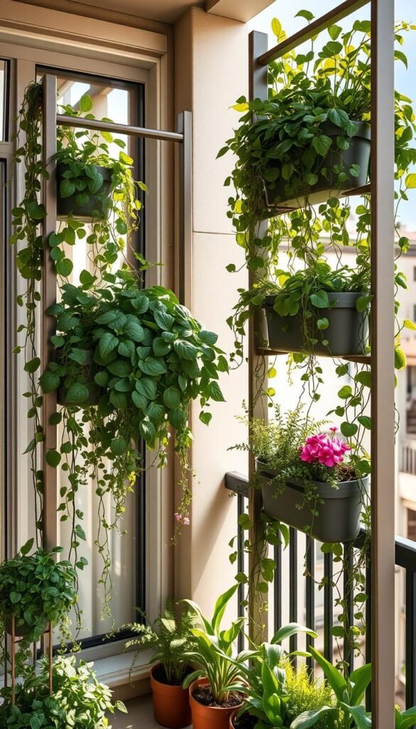 Vertical gardening planters, a lush urban oasis on a balcony. Sleek, modern metal frames support cascading greenery - trailing vines, leafy herbs, and vibrant flowers. Sunlight streams through large windows, casting a warm, natural glow. The planters are arranged in a visually striking, symmetrical pattern, creating a sense of order and balance. Muted, earthy tones complement the verdant foliage, while the clean, minimalist design adds an elegant, contemporary touch. A serene, peaceful atmosphere pervades the scene, inviting relaxation and inspiration for small-space gardening.