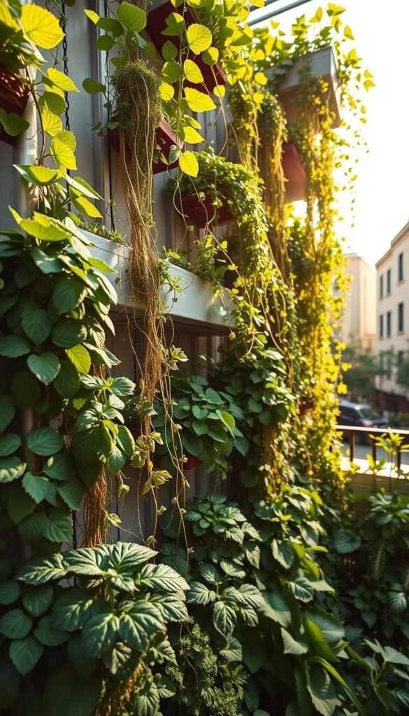 Vertical gardening systems featuring lush, thriving plants cascading down multi-tiered structures. A vibrant foreground showcases a variety of leafy greens, herbs, and trailing vines, expertly arranged to maximize space. The middle ground highlights the modular, space-saving design of the vertical garden, with clean lines and a minimalist aesthetic. In the background, a sun-dappled urban setting provides context, suggesting the system's suitability for small-space living. Warm, directional lighting accentuates the verdant foliage, creating a sense of depth and vitality. Captured through a wide-angle lens, the image conveys the transformative potential of vertical gardening techniques to cultivate abundance in compact areas.