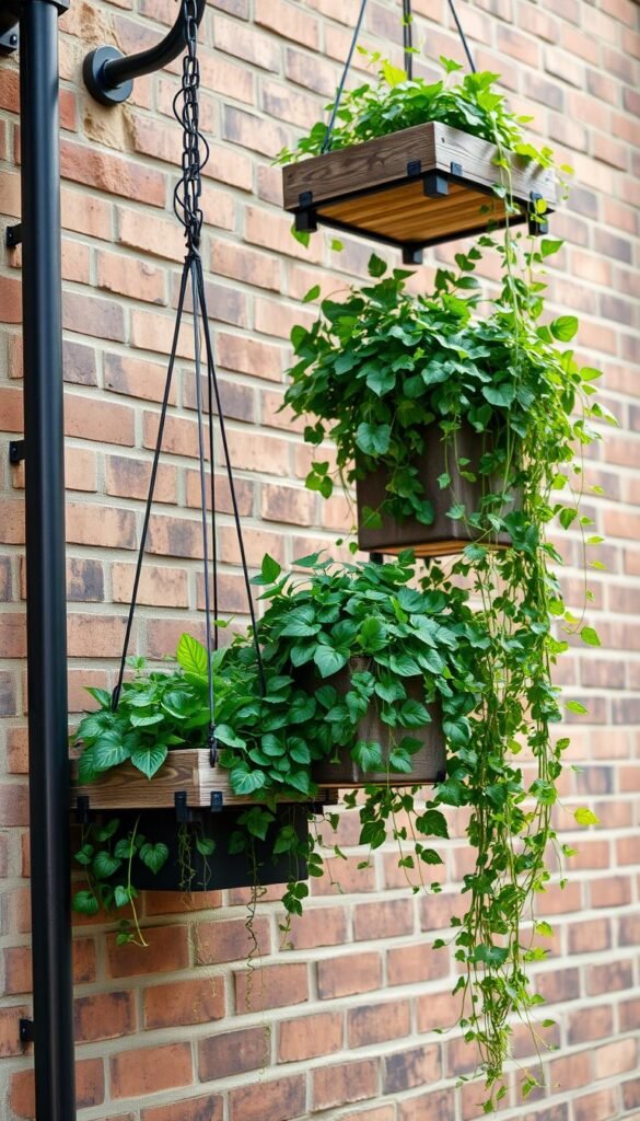 Vertical hanging planter boxes adorning an urban wall, cascading with lush greenery and trailing vines. The planters are made of weathered wood and metal, suspended from sturdy iron rails against a backdrop of exposed brick. Diffused sunlight filters through, casting soft shadows and highlighting the plants' vibrant foliage. The arrangement creates a sense of natural tranquility, transforming the city setting into a verdant, biophilic oasis. Careful composition accentuates the planters' linear, geometric forms, balanced by the organic, flowing shapes of the thriving flora. The image conveys a peaceful, low-maintenance solution for maximizing vertical space in a compact, urban environment.
