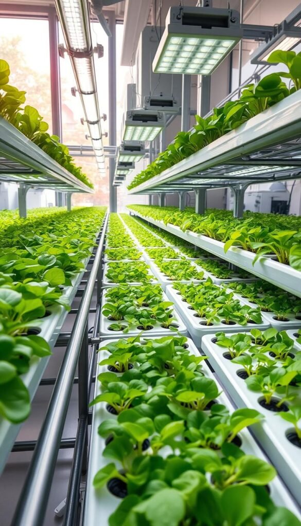 Vibrant hydroponic setup, lush microgreens thriving in a meticulously controlled indoor environment. Soft, diffused natural lighting filters through floor-to-ceiling windows, casting a warm glow on the verdant foliage. Modular grow trays line pristine metal shelves, their soil-less media providing optimal moisture and nutrient levels. Compact LED grow lights hang overhead, tailored to the specific wavelengths that nourish the delicate seedlings. The air is crisp and humid, circulated by silent fans to ensure even distribution of essential elements. An aura of peaceful abundance pervades the space, a harmonious balance of technology and nature.