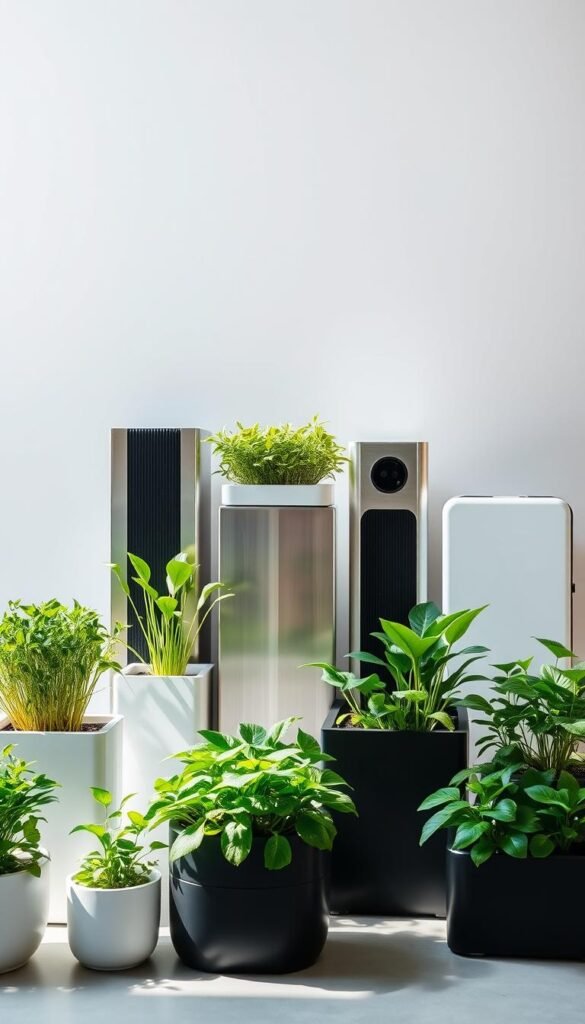 Vibrant hydroponic systems against a clean, modern backdrop. Foreground showcases an array of lush, verdant plants thriving in sleek, minimalist planters. Soft, diffused natural lighting illuminates the scene, casting gentle shadows. Middle ground features a variety of compact, space-efficient hydroponics units in brushed metal and matte white finishes. Background has a seamless, high-contrast gradient, allowing the systems to stand out. The overall composition conveys a sense of efficiency, sustainability, and effortless indoor gardening for the busy, design-conscious individual.