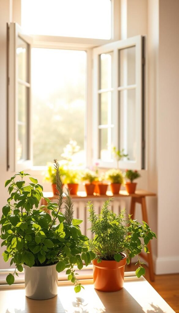 Window-lit indoor herb garden with warm, natural lighting streaming through a large, open window. Potted herbs such as basil, rosemary, and thyme positioned in the foreground, casting soft shadows across the windowsill. Middle ground features a wooden table or shelving unit displaying more herb pots, their vibrant green leaves illuminated by the directional window light. The background showcases a clean, minimalist interior with white walls, creating a bright, airy atmosphere that complements the earthy tones of the herbs. The overall composition highlights the importance of carefully selecting a bright, well-lit location to cultivate a thriving indoor herb garden.