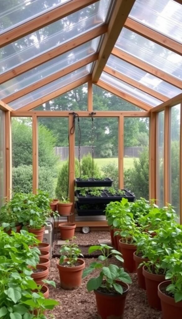 a cozy and well-lit DIY greenhouse setup in a lush backyard, with a variety of potted plants and herbs thriving under the protective transparent enclosure. the greenhouse features a simple wooden frame structure with polycarbonate or glass panels, allowing ample natural light to filter in. the foreground showcases a collection of vibrant, healthy plants in terracotta pots, while the middle ground reveals neatly organized growing trays and shelves. the background depicts a serene outdoor scene, with verdant trees and shrubs providing a natural backdrop. the overall atmosphere conveys a sense of productivity, coziness, and a harmonious integration of indoor and outdoor gardening spaces.