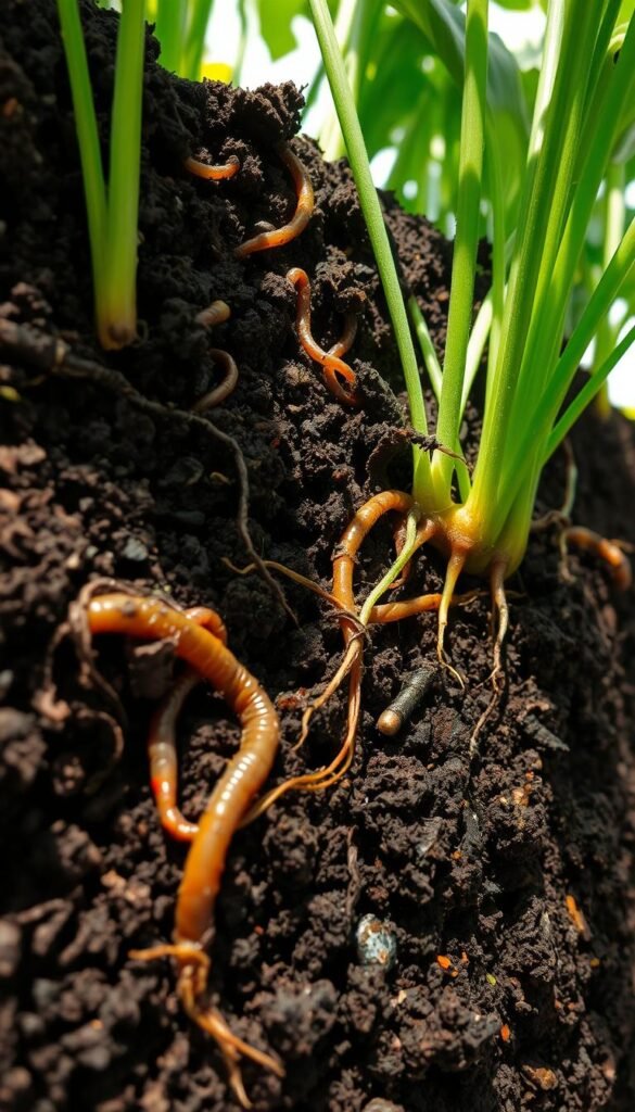 a highly detailed and realistic close-up photograph of a thriving potting soil ecosystem, showcasing a diverse array of beneficial microorganisms, plant roots, and organic matter. The scene is brightly lit from above, casting natural shadows and highlights that accentuate the texture and depth of the soil. The camera is positioned at a low angle, providing an immersive, ground-level perspective that draws the viewer into the intricate world beneath the surface. The soil is rich, dark, and crumbly, teeming with earthworms, fungal hyphae, and other vital decomposers. Vibrant green roots and sprouts emerge from the nutrient-dense medium, creating a harmonious balance between above- and below-ground life. The overall mood is one of vitality, balance, and the unseen complexity that underpins a healthy, living potting soil ecosystem.