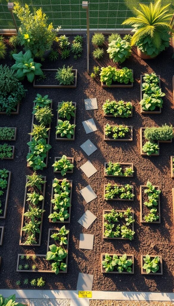 a highly detailed, realistic, and meticulously illustrated garden planner layout, featuring a square foot gardening design with precisely delineated raised garden beds, pathways, and a variety of lush, thriving plants and vegetation. The scene is bathed in warm, gentle sunlight, casting soft shadows and highlighting the textural richness of the soil, mulch, and plants. The layout is organized in an aesthetically pleasing, symmetrical manner, with a clear sense of balance and proportion. Colorful, annotated labels and measurements are strategically placed to guide the viewer's understanding of the design. The overall atmosphere is one of tranquility, productivity, and a deep connection to the natural world.