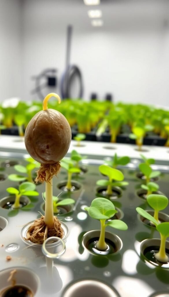 a highly detailed, realistic, and scientifically accurate image of the hydroponic germination process for indoor microgreens cultivation, showcasing the key steps and components involved. In the foreground, a close-up view of a seed sprouting, with delicate root hairs and the first tender green shoots emerging from the seed casing. In the middle ground, a hydroponic growing tray filled with nutrient-rich water, with microgreen plants in various stages of growth. The background depicts the controlled indoor environment, with soft, even lighting and a clean, minimalist aesthetic to emphasize the technical precision of the hydroponic system. The entire scene conveys a sense of scientific wonder and the remarkable potential of indoor, sustainable food production.