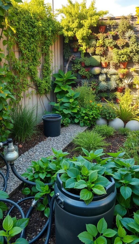 a lush, verdant urban garden with healthy, thriving plants surrounded by various water conservation techniques. in the foreground, a rain barrel collects rainwater, with hoses and irrigation systems directing the water to the plant beds. in the middle ground, a gravel-lined swale channels excess water runoff, and a compost bin provides nutrient-rich soil. in the background, a vertical garden wall showcases drought-tolerant succulents and native flora, all bathed in warm, golden afternoon sunlight filtered through wispy clouds. the overall scene conveys a sense of environmental harmony and sustainable gardening practices.