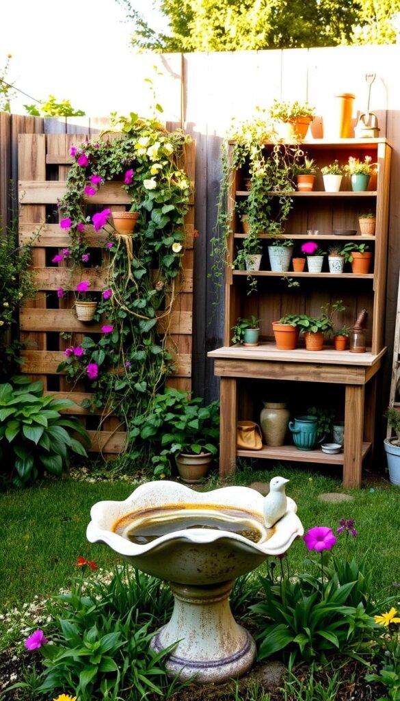 A backyard oasis showcasing repurposed garden projects. In the foreground, a whimsical birdbath fashioned from an upcycled ceramic planter, surrounded by lush greenery and vibrant flowers. In the middle ground, a quirky vertical garden made from reclaimed wood pallets, bursting with cascading vines and trailing blooms. The background features a rustic potting bench crafted from salvaged materials, its shelves displaying an array of repurposed planters and vintage garden tools. Soft, warm lighting filters through the scene, creating a cozy, inviting atmosphere. The overall composition celebrates the beauty and creativity of transforming everyday objects into unique garden features.