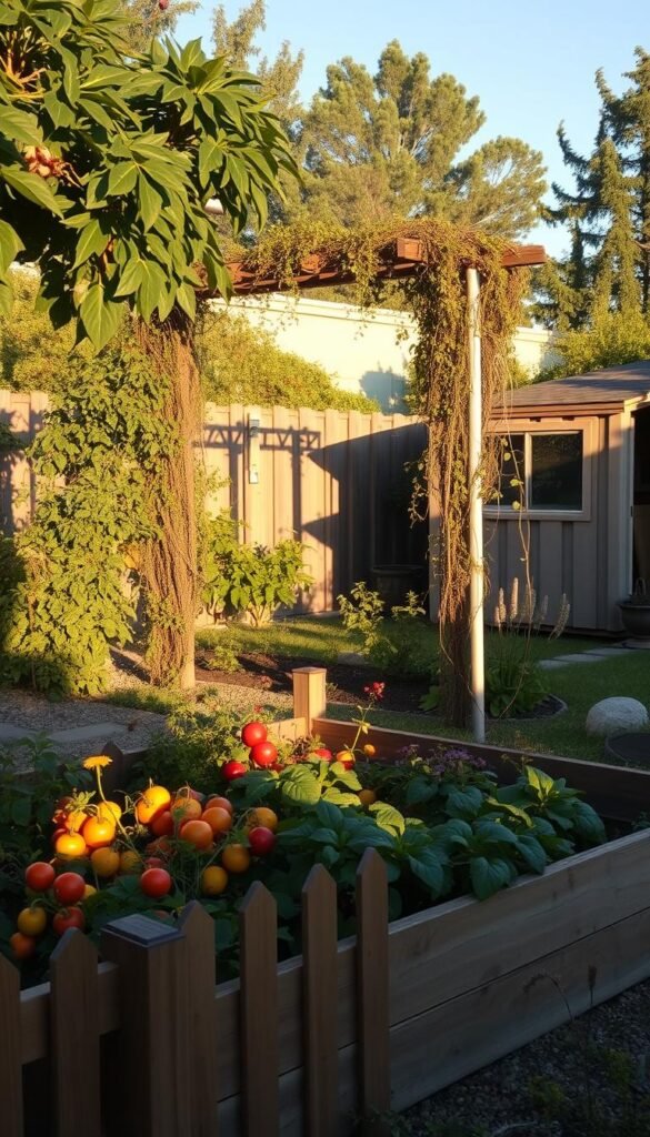 A backyard oasis with a lush garden, showcasing a detailed project scope for various structures. In the foreground, a raised garden bed filled with vibrant fruits and vegetables, surrounded by a sturdy wooden fence. In the middle ground, a trellis system supporting climbing vines and trailing plants, casting delicate shadows. In the background, a shed or storage structure, its design complementing the rustic charm of the garden. The scene is bathed in warm, golden lighting, creating a serene and inviting atmosphere. The perspective is slightly elevated, offering a comprehensive view of the cohesive garden layout and the interplay of the various elements.