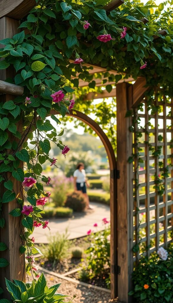 A beautiful trellis fence draped in lush, climbing vines and flowers. The intricate lattice structure casts delicate shadows, creating a captivating play of light and shadow. In the foreground, vibrant green leaves and colorful blooms cascade down the wooden beams, creating a natural, organic feel. The middle ground features the fence's sturdy frame, with a slight curve leading the eye into the distance. In the background, a serene garden landscape with blooming plants and a hint of a tranquil path. The scene is bathed in soft, warm lighting, evoking a serene, inviting atmosphere. Captured with a wide-angle lens to showcase the fence's architectural details and the harmonious integration with the surrounding garden.
