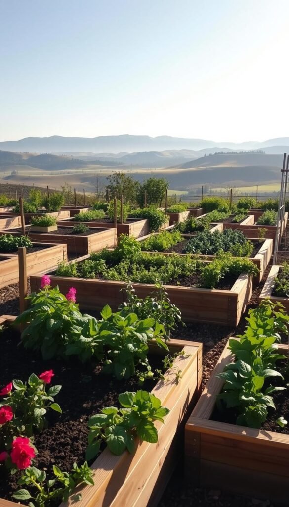 A beautifully balanced raised garden arrangement, with neatly organized beds in a harmonious layout. The scene is illuminated by warm, natural lighting, casting gentle shadows and highlighting the textures of the soil, plants, and wood. The beds are arranged in a symmetrical pattern, creating a sense of order and tranquility. In the foreground, lush vegetable plants and vibrant flowers spill over the edges, while in the middle ground, orderly rows of herbs and leafy greens create a visually pleasing rhythm. The background features a picturesque landscape, with rolling hills and a clear sky, completing the serene and inviting atmosphere.