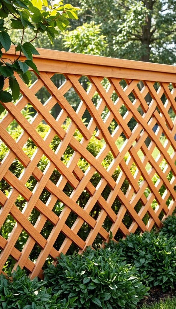 A beautifully crafted lattice fence design with intricate, intersecting wooden slats in a warm, natural tone. The fence stretches across a lush, manicured garden, creating a sense of privacy and charm. Soft, diffused sunlight filters through the gaps, casting gentle shadows and highlighting the texture of the wood. The fence's elegant geometry blends seamlessly with the surrounding greenery, striking a balance between security and aesthetic appeal. The overall composition evokes a sense of tranquility and elegance, perfectly suited for a private, well-designed garden.