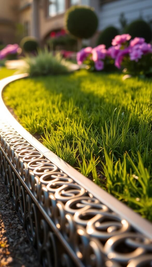 A beautifully crafted metal and plastic garden edging system, with a sleek and modern design. The foreground showcases the intricate metallic trim, its clean lines and polished finish glistening under the warm afternoon sun. In the middle ground, the durable plastic border material seamlessly blends with the lush, verdant grass, creating a visually appealing contrast. The background features a well-manicured garden, with vibrant flowers and neatly trimmed shrubs, complementing the elegant edging solution. The lighting is soft and natural, casting gentle shadows that accentuate the textures and materials. The overall composition conveys a sense of harmony and sophistication, perfectly suited for enhancing the landscape.
