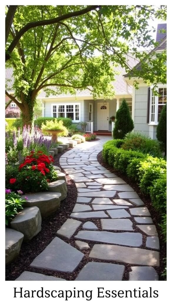 A beautifully crafted stone pathway winds through a lush, well-manicured front garden. Smooth, irregularly shaped flagstones in shades of gray and tan are artfully arranged, leading the eye towards a charming cottage-style home. Colorful perennials and neatly trimmed shrubs line the path, creating a harmonious blend of hardscaping and softscaping. Dappled sunlight filters through the branches overhead, casting a warm, inviting glow over the scene. The pathway is wide enough for comfortable foot traffic, with subtle curves that add visual interest. This image conveys a sense of timeless elegance and curb appeal, perfectly complementing the "Hardscaping Essentials" section of the article.