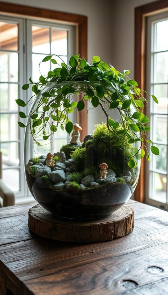 A beautifully crafted terrarium sits upon a rustic wooden table, bathed in soft, natural light filtering through large windows. Lush, verdant plants spill gracefully from the glass enclosure, their delicate tendrils reaching towards the sun. Intricate arrangements of river rocks, moss, and miniature figurines create a captivating, serene landscape within the terrarium. The warm, earthy tones of the wood and the cool, tranquil hues of the plants blend harmoniously, inviting a sense of calm and wonder. This meticulously designed indoor garden evokes a peaceful, nature-inspired atmosphere, perfectly complementing the surrounding home environment.