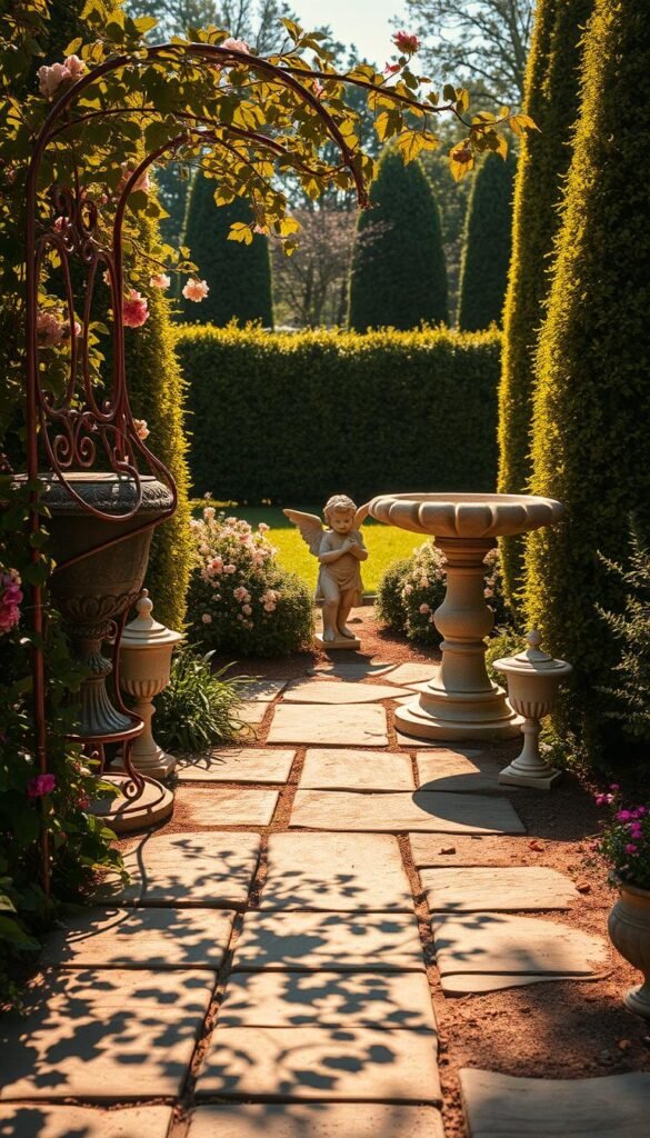 A beautifully curated array of vintage ornamental garden pieces, bathed in warm, golden afternoon light. In the foreground, a delicate wrought-iron trellis supports cascading vines and blooming flowers, casting intricate shadows on the weathered stone pathway below. Flanking the scene, an ornate iron urn and a classical stone birdbath stand as focal points, their timeless designs evoking a sense of timeless elegance. In the middle ground, a whimsical stone cherub sculpture gazes upon the tranquil garden, while in the background, a lush tapestry of leafy foliage and towering hedges frame the idyllic setting, creating a sense of timeless, romantic seclusion.