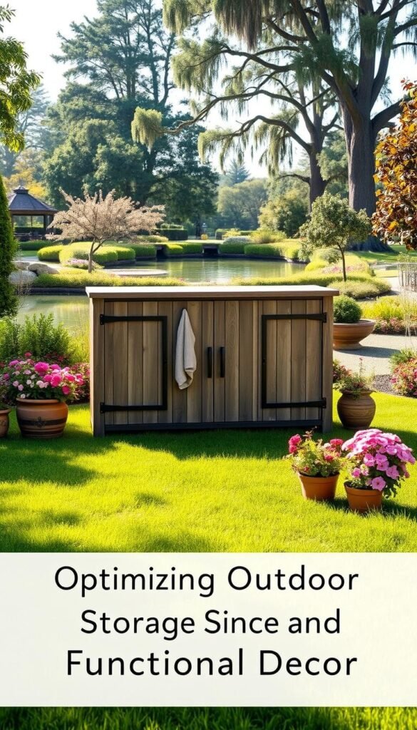 A beautifully designed outdoor storage solution, featuring a sleek, weathered wood cabinet with rustic metal accents. The cabinet is situated on a lush, manicured lawn, surrounded by vibrant flowers and potted plants. Soft, natural lighting bathes the scene, creating a warm and inviting atmosphere. In the background, a picturesque garden scene with towering trees and a tranquil pond creates a serene, nature-inspired backdrop. The overall composition conveys a sense of order, functionality, and a harmonious integration of storage and decor, perfectly suited for the "Optimizing Outdoor Storage and Functional Decor" section of the article.