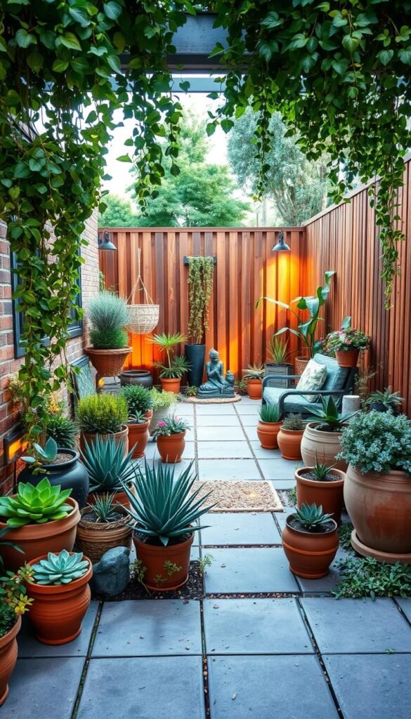 A beautifully designed small garden showcasing the principles of compact yet impactful landscaping. A lush, well-balanced foreground features a variety of thriving potted plants, succulents, and trailing vines cascading from hanging baskets. The middle ground reveals a paved patio area with a cozy seating arrangement, accented by strategically placed decorative pots and garden sculptures. In the background, a sturdy, slatted wooden fence frames the scene, providing privacy and a natural backdrop. Warm, soft lighting filters through the garden, creating a serene and inviting atmosphere. Captured from a slightly elevated angle to highlight the harmonious layout and efficient use of limited space, this image exemplifies the key design concepts for maximizing the impact of a small garden.