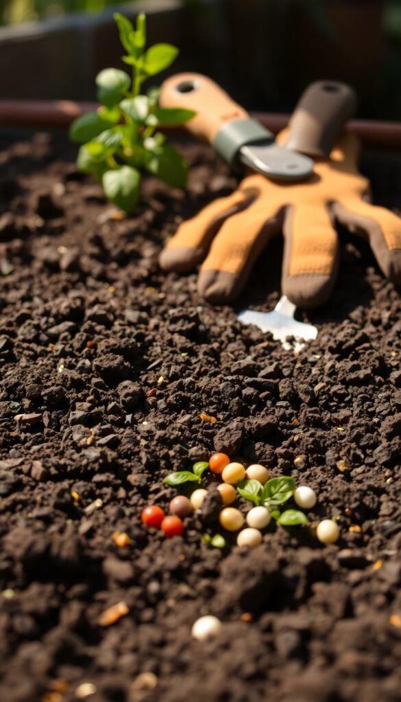 A beautifully lit close-up of potting soil, showcasing its rich, dark brown hue and crumbly texture. The soil is slightly damp, with a few small pebbles and bits of organic matter visible. In the foreground, a sprinkling of different-sized seeds, including tomato, basil, and marigold, are neatly arranged. The middle ground features a small trowel and a pair of gardening gloves, conveying a sense of the hands-on process of planting. The background is softly blurred, creating a serene, inviting atmosphere for this essential gardening task. Warm, natural lighting illuminates the scene, emphasizing the nurturing qualities of the soil and the promise of new growth.